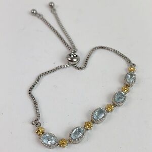 Blue CZ topaz, gold plated silver chain bracelet